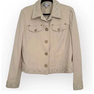 St. John Sport Ivory Stretch Cotton Jean/Denim Embroidered Jacket‎ sz S